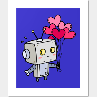 Robot Holding Pink Heart Balloons Posters and Art